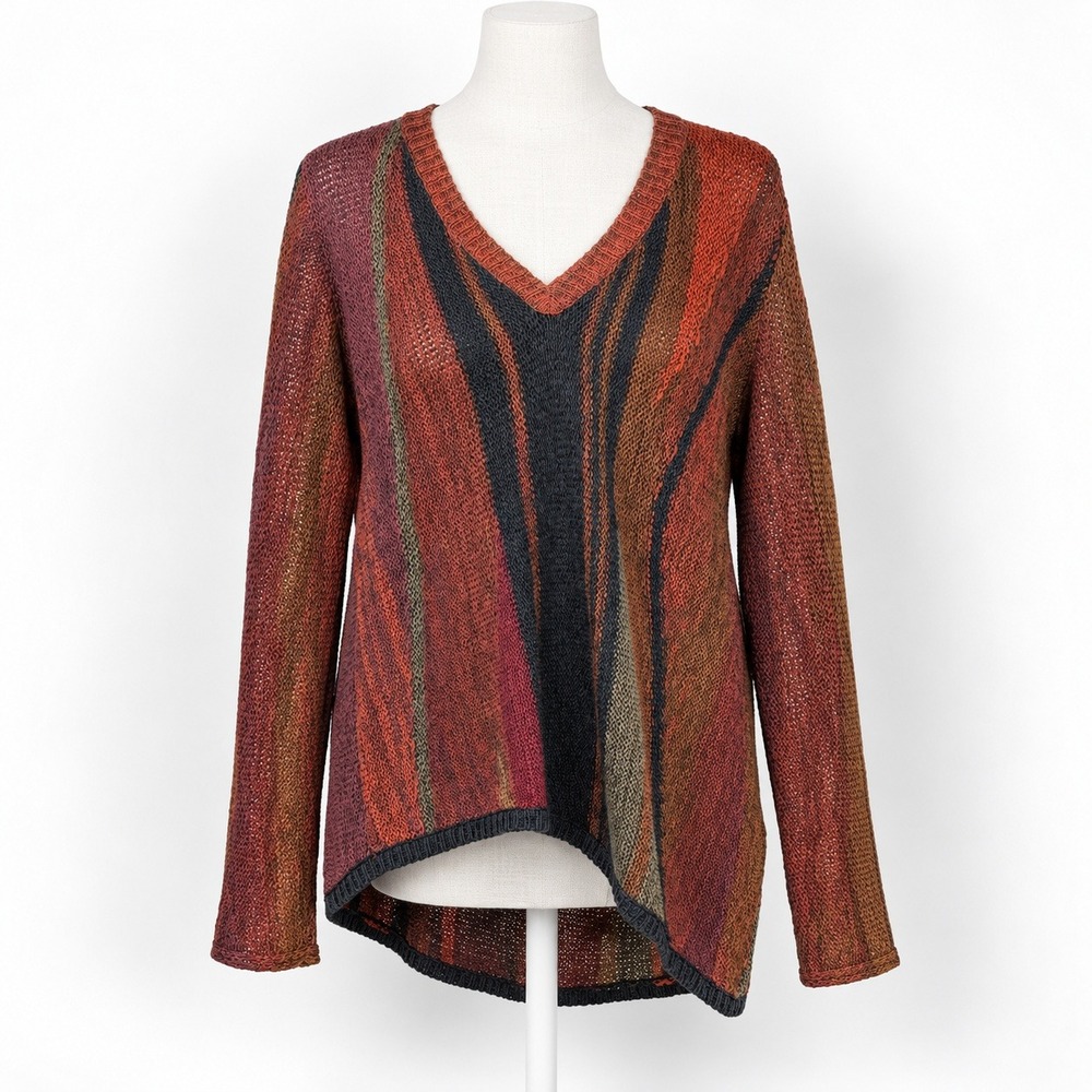 Boho Asymmetrical Lagenlook Striped Sweater Size M Orange Indie Fall Statement